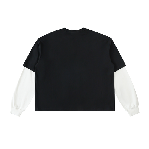 Embroidered Layered Contrast Sleeve Cotton T-Shirt