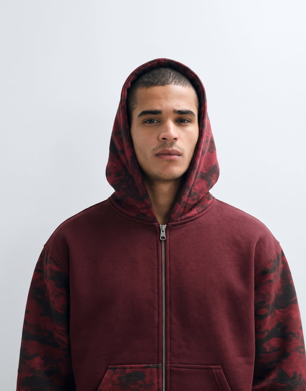 Unisex Colorblock Camo Full Zip Boxy Hoodie