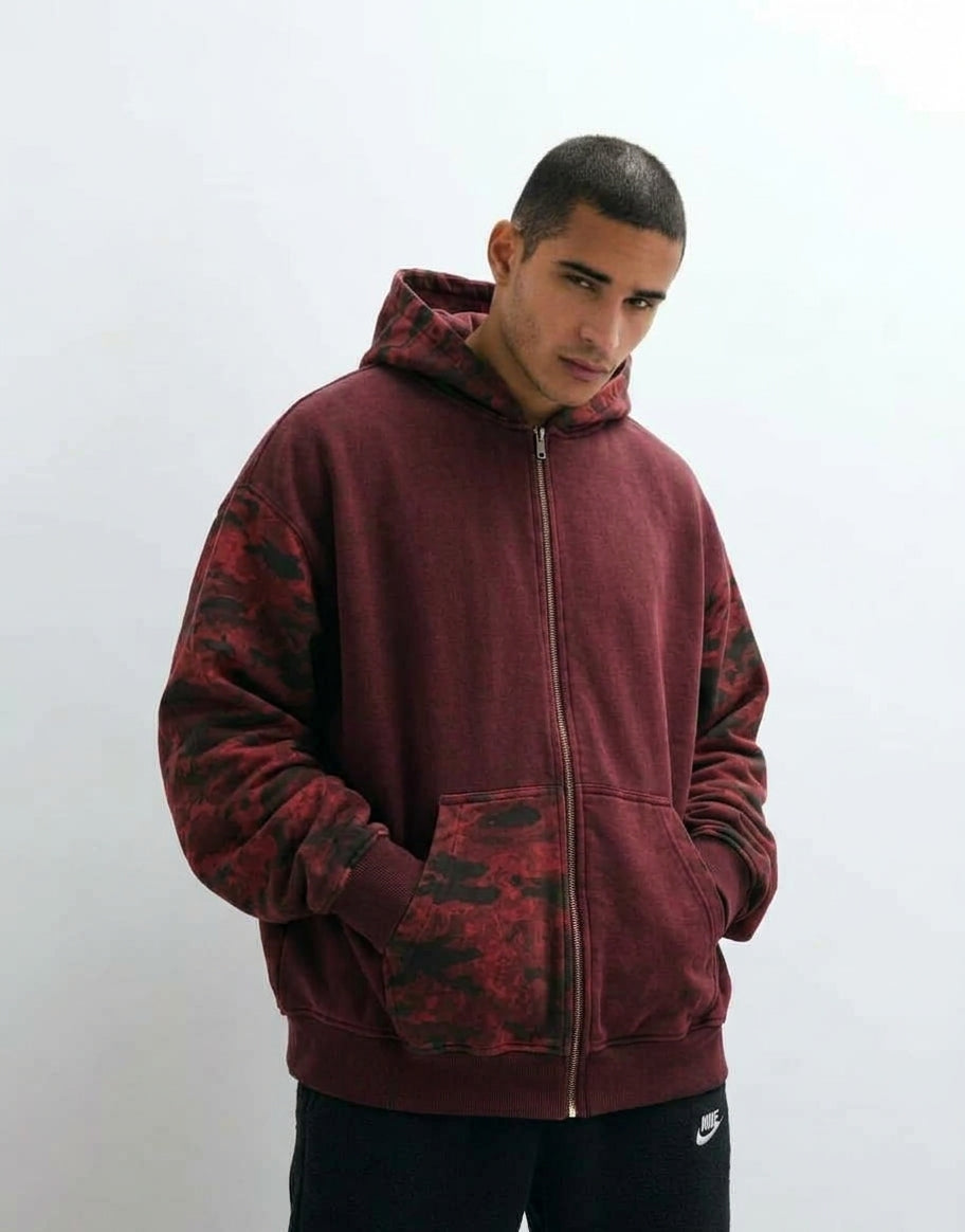 Unisex Colorblock Camo Full Zip Boxy Hoodie