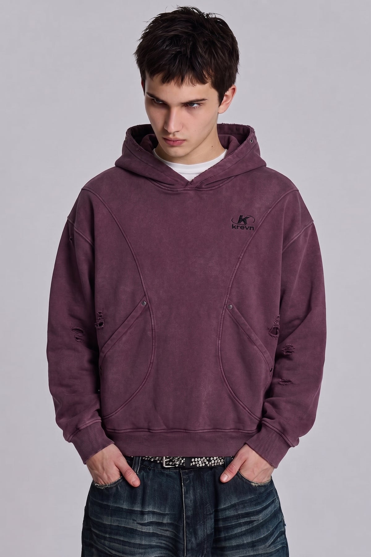 Snow Washed Distressed Panel Pocket Hoodie