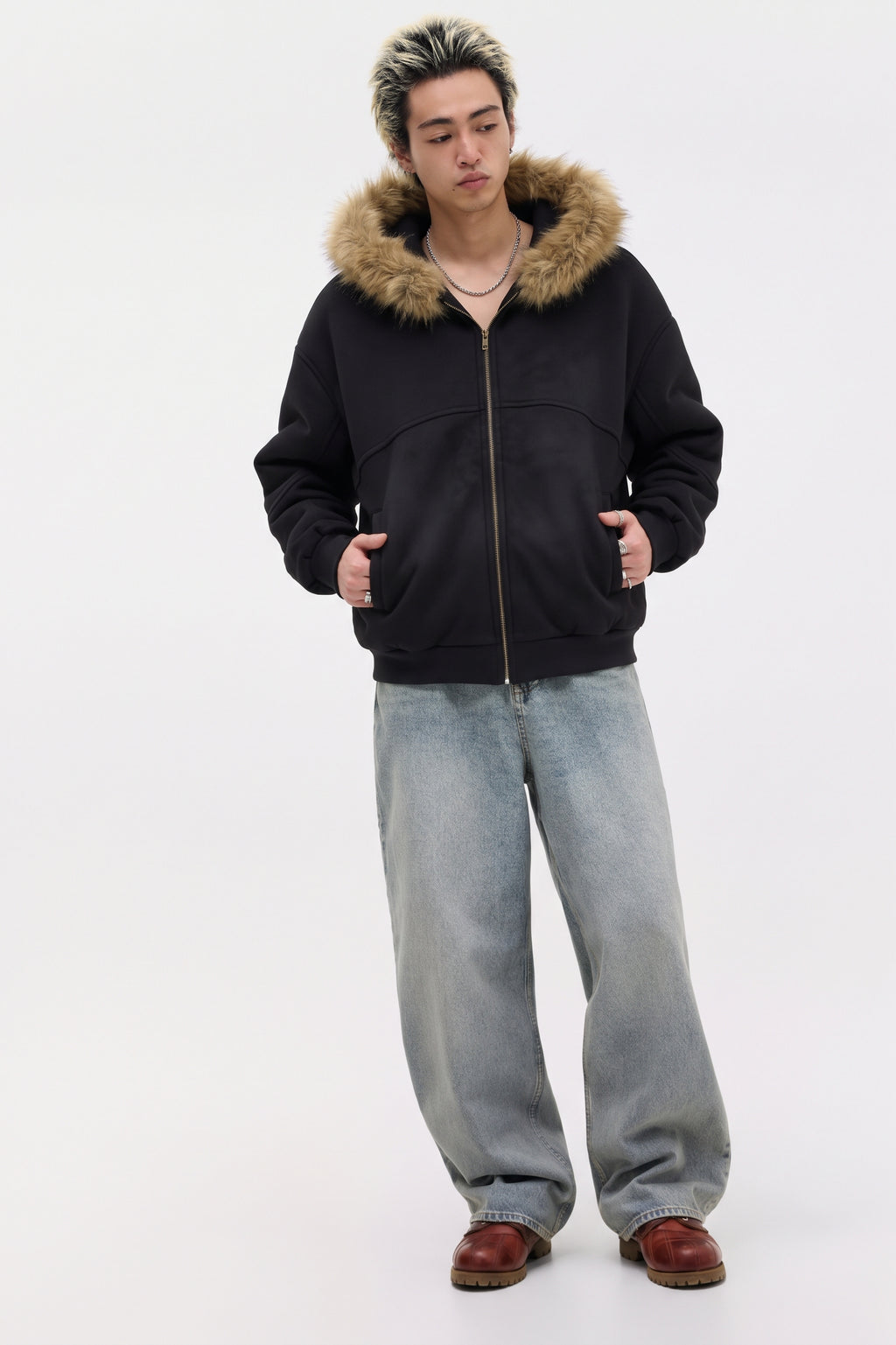 Sun Fade Boxy Detachable Fur Hoodie
