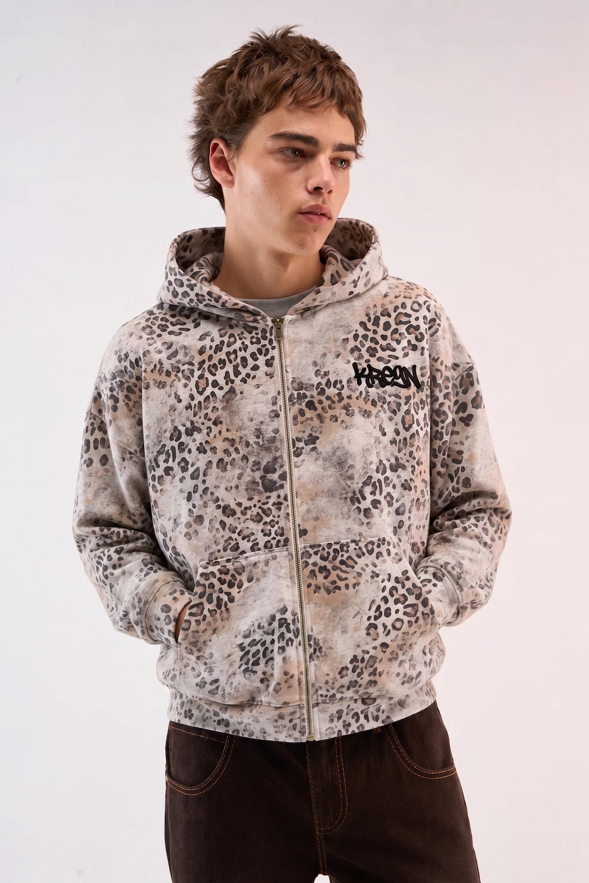 Unisex Vintage Wash Leopard Full Zip Hoodie