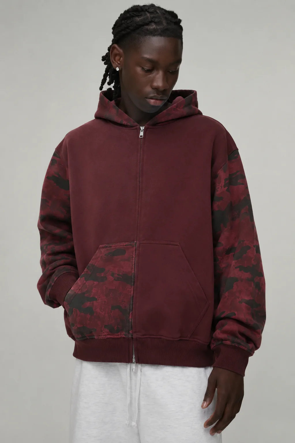 Unisex Colorblock Camo Full Zip Boxy Hoodie