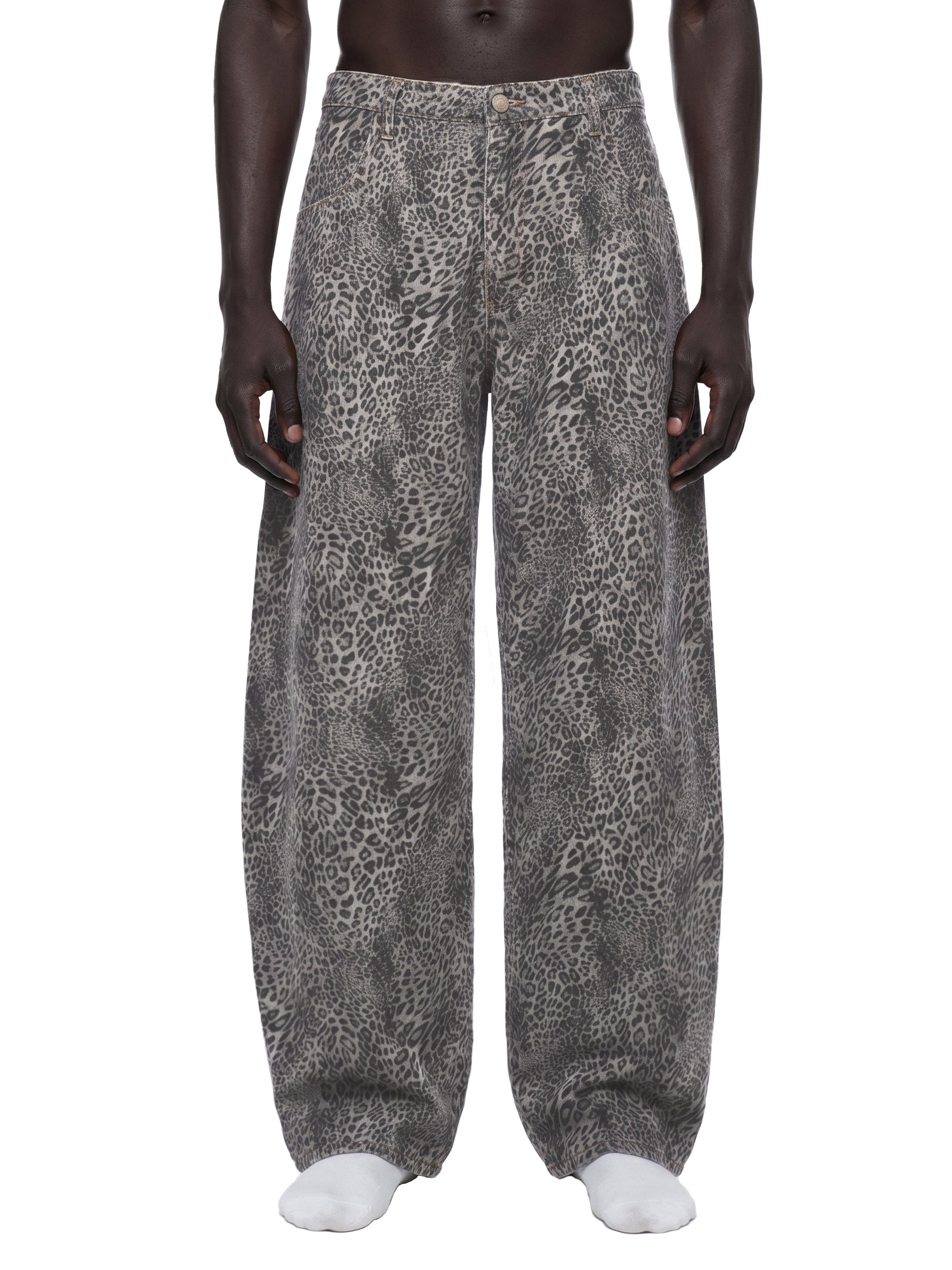 Unisex Vintage Wash Leopard Wide Leg Jeans
